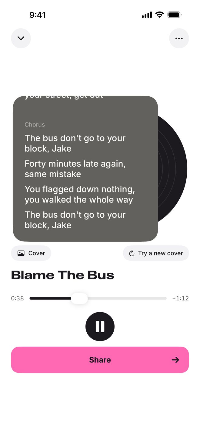 A finished song called Blame The Bus, showing its lyrics and cover